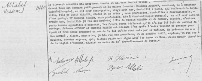 Acte de mariage des époux ALTABEF [Etat Civil, Mairie du 11ème arrondissement, en ligne]