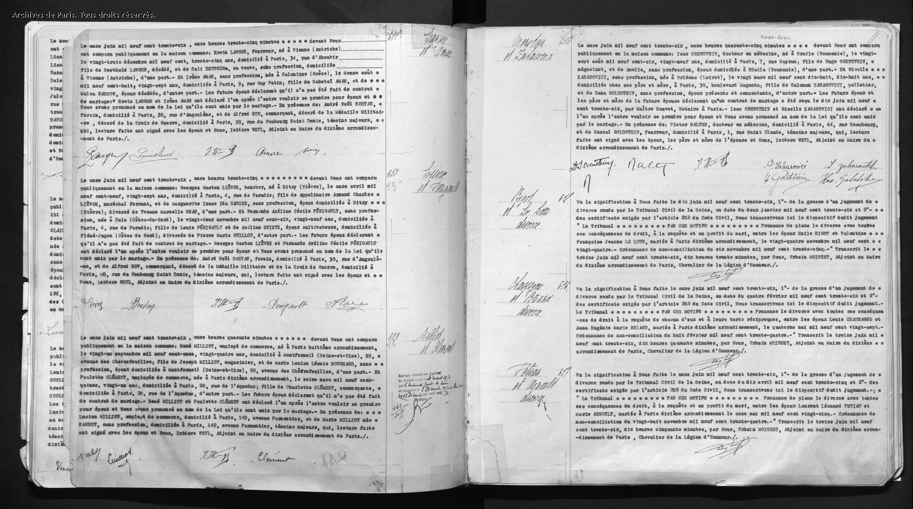 Acte d'état civil Mariages 10ème arrondissement