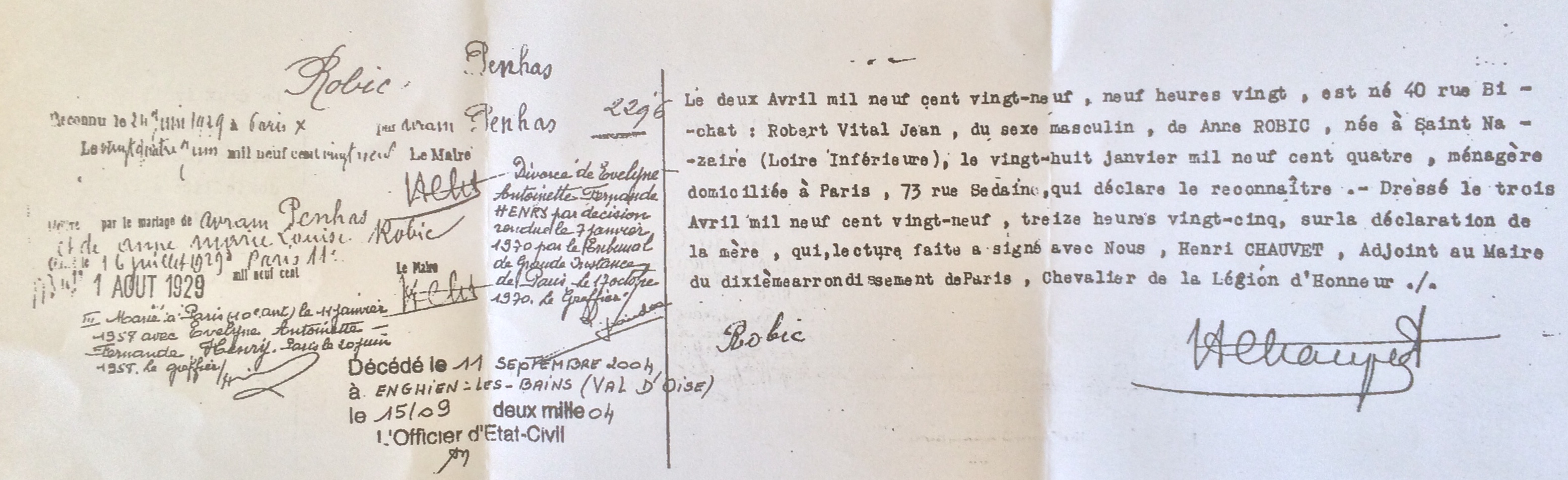 Acte de naissance de Robert PENHAS [Archives Ville de Paris, Etat Civil]