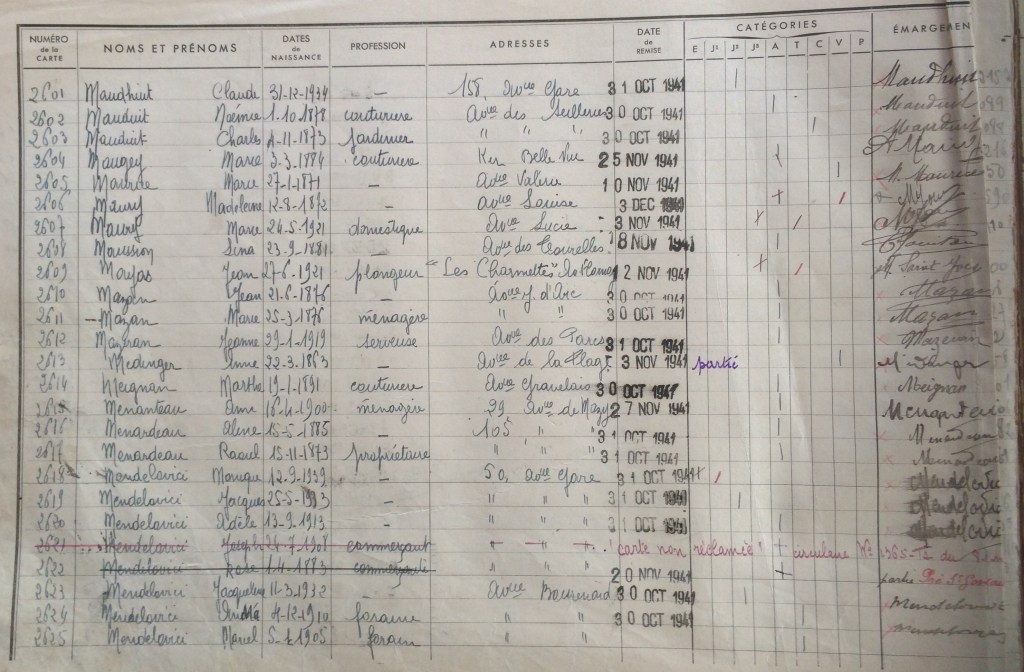 Registre de distribution des cartes d'alimentation [Archives Municipales de Pornichet]