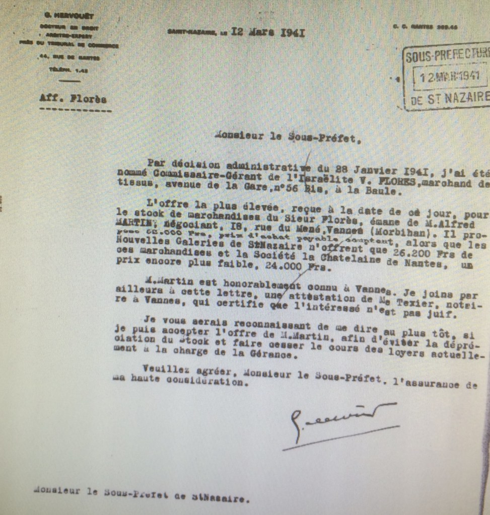 Dossier d'aryanisation de Haïm FLORES [Archives Nationales AJ38/4598 dossier n°2538]