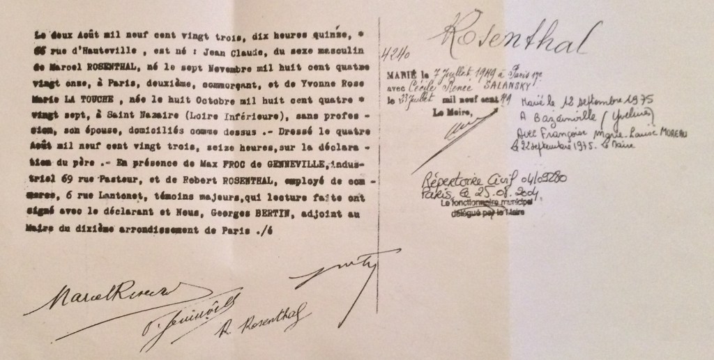 Acte de naissance de Jean-Claude ROSENTHAL [Archives Municipales Paris]