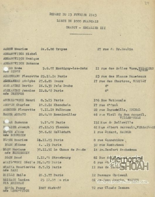 Liste convoi 63 [CDJC, Mémorial de la Shoah, Paris]