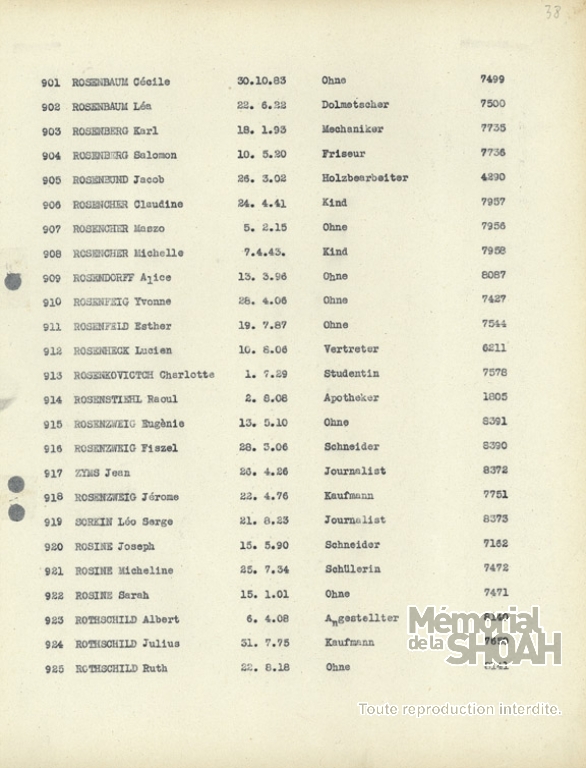 Liste convoi 62 [CDJC, Mémorial de la Shoah, en ligne]