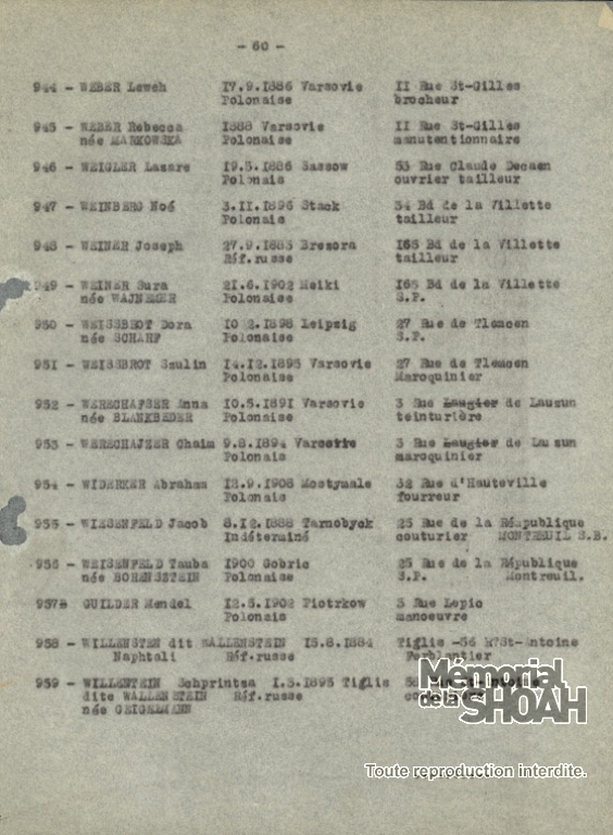 Liste convoi n°9 [CDJC, Mémorial de la Shoah, Paris]