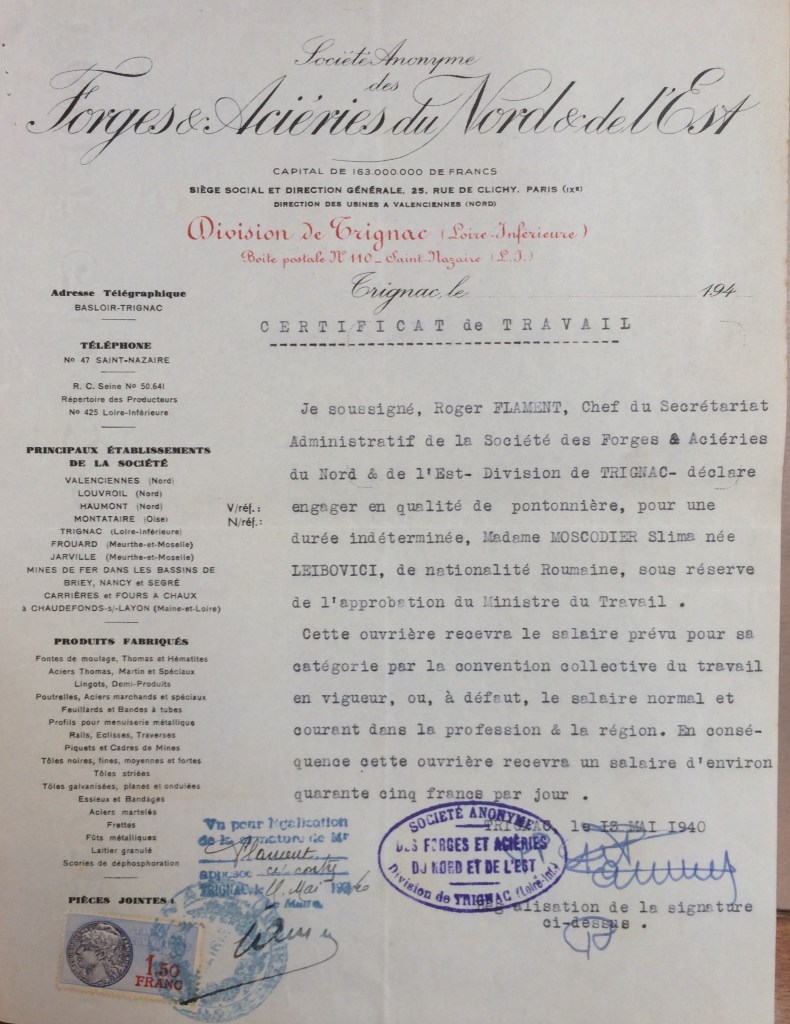 Certificat d'embauche de  Slima MOSCODIER [ADLA 4M934] 