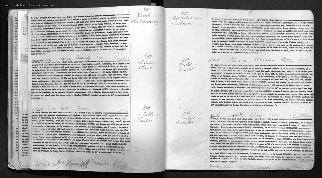 Acte de mariage MOSCODIER-LEIBOVICI [Archives de Paris, 18M557]