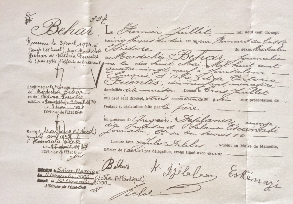 Acte de naissance d'Isidore BEHAR [Archives Municipales de Marseille]