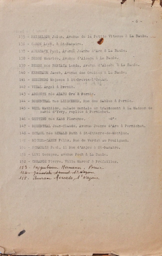 Liste dactylographiée (simple) du recensement des Juifs de l'arrondissement de Saint-Nazaire [ADLA 1694W25]