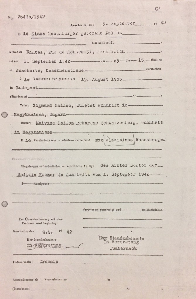 Certificat de décès établi par le "docteur" Kremer Auschwitz [DAVCC 21 P 270144]