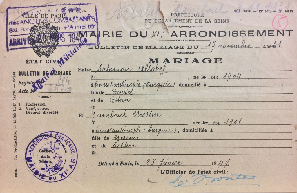 Bulletin de mariage ALTABEF/NESSIM [DAVCC Caen, 21 P 417 789]