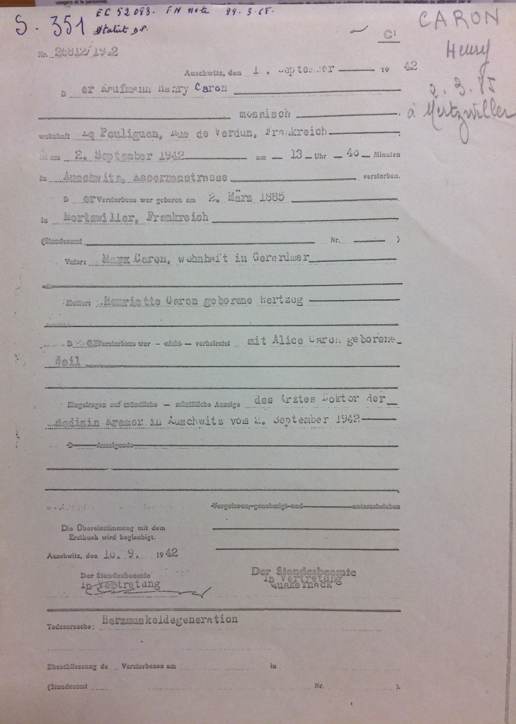 Acte de décès d'Henri CARON Archives D'Auschwitz [DAVCC 21 P 433 480]