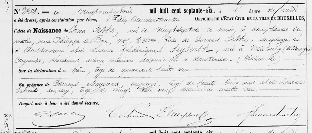 Acte de naissance d'Irma SETHE [Etat civil Bruxelles]