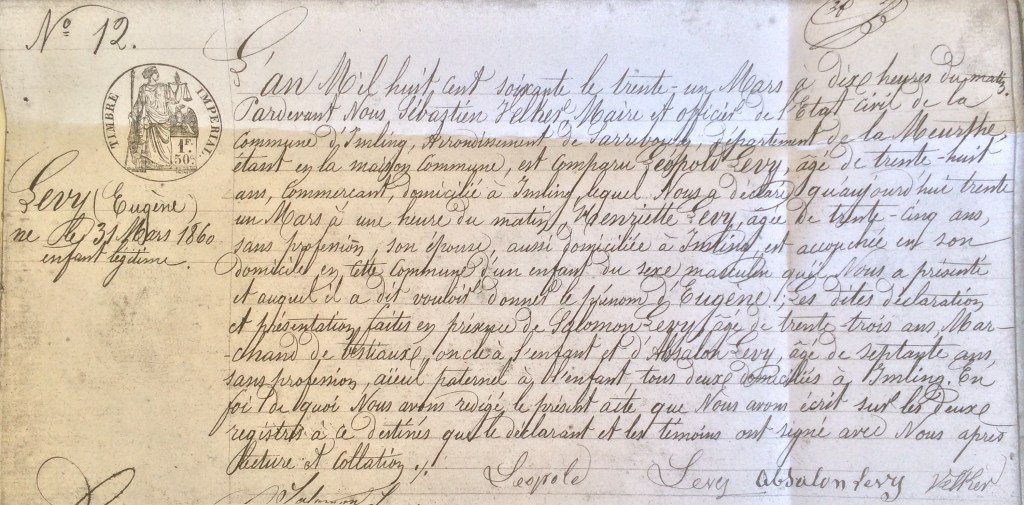 Acte de naissance d'Eugène LEVY [Archives Municipales d'Imling]