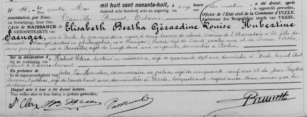 Acte de naissance d'Elisabeth SAENGER [Archives Etat civil, Belgique, en ligne]