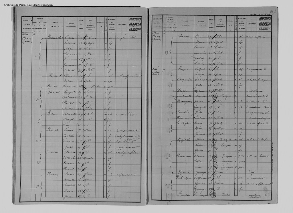 Recensement 1936 Quartier de la Roquette [Archives de Paris, D2M8_589]