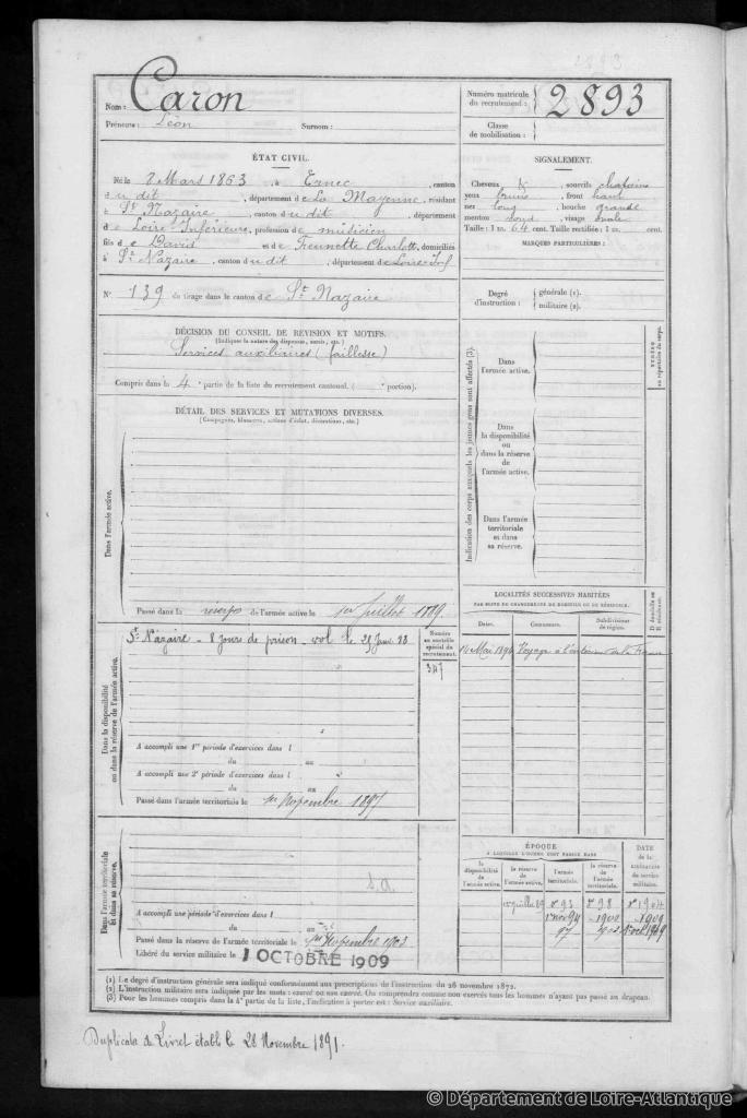 Registre Matricule Léon CARON [ADLA, en ligne]