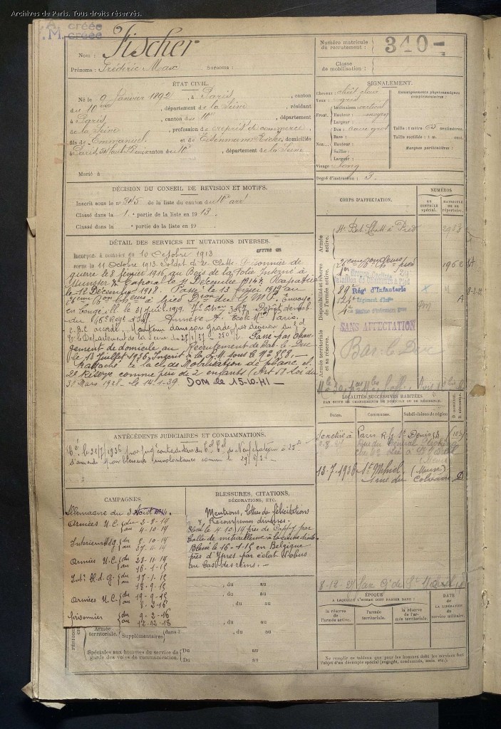 Registre Matricule recrutement Seine de Frédéric Max FISCHER Matricule 340 [AD75, D4R1 1659]