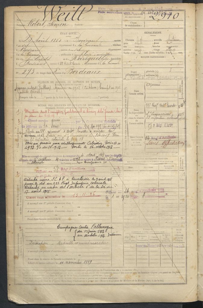 Registre Matricule de Robert WEILL [AD33, 1R1160]