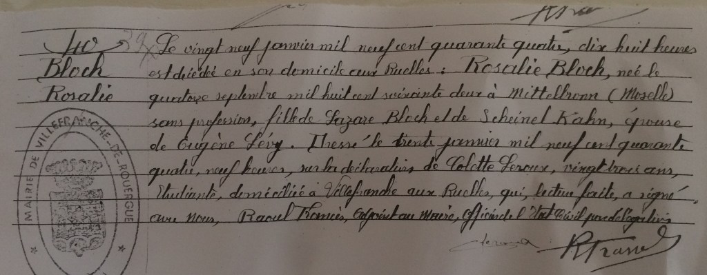 Acte de décès de Rosalie BLOCH [Archives Municipales de Villefranche-de-Rouergue]