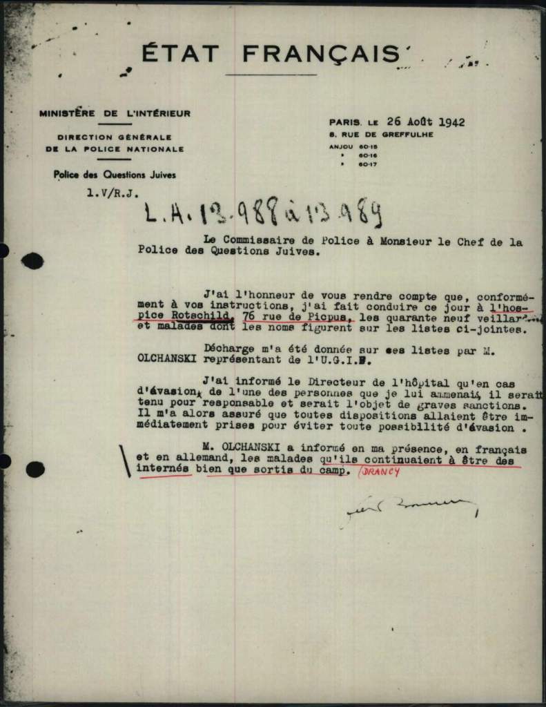 Prisoner lists of camp Drancy; Letter dated 26.8.1942  with the names Jews, whose detention in the hôpital Rotschild [ITS Bad Aolsen, https://collections.arolsen-archives.org/en/archive/1-1-9-1_2183000/?p=1&doc_id=11184373]