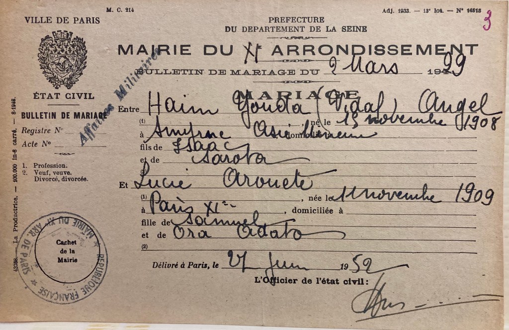 Bulletin de mariage de Vidal ANGEL et Lucie AROUETE [DAVCC 21 P 418 413]