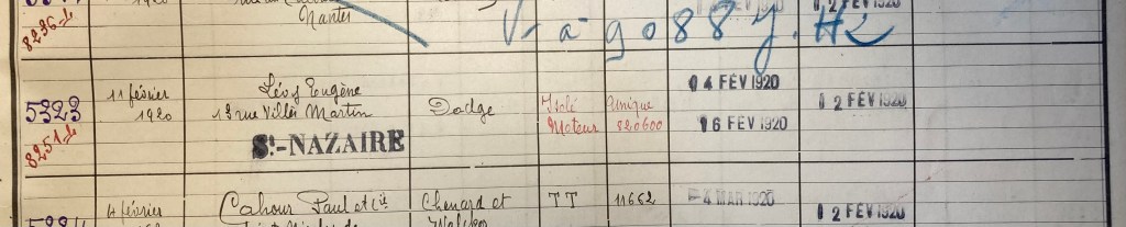 Registre enregistrement Véhicules Préfecture Nantes [ADLA 1902S306]