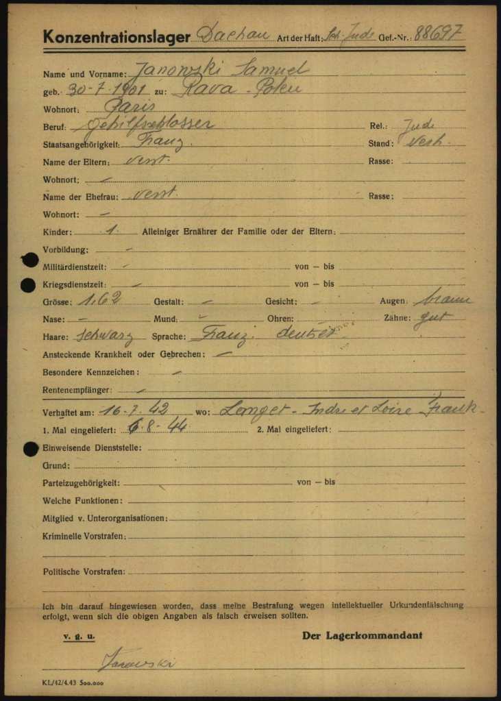 Fiche d'enregistrement du camp de Dachau pour Samuel JANOWSKI [https://collections.arolsen-archives.org/en/archive/10109178/?p=1&s=janowski%20Samuel&doc_id=10109180]