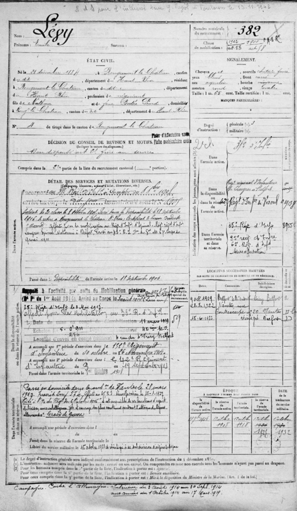 Registre matricule Emile LEVY [Archives Départementales Territoire de Belfort, 1R260]