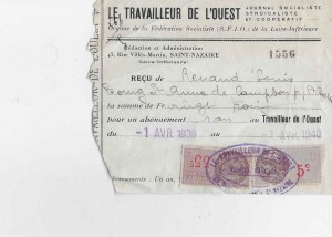 Bulletin d'abonnement de Louis RENAUD au Travailleur de l'Ouest 1939-1940  © collection particulière famille RENAUD 