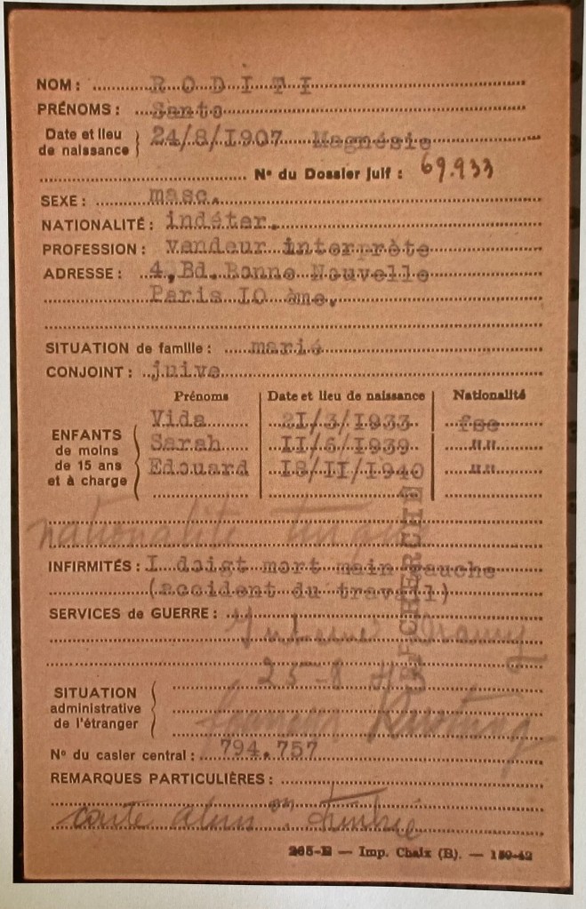 Fiche de RODITI Santo [Fichiers Préfecture de Police Paris Familial AN F9/5623]