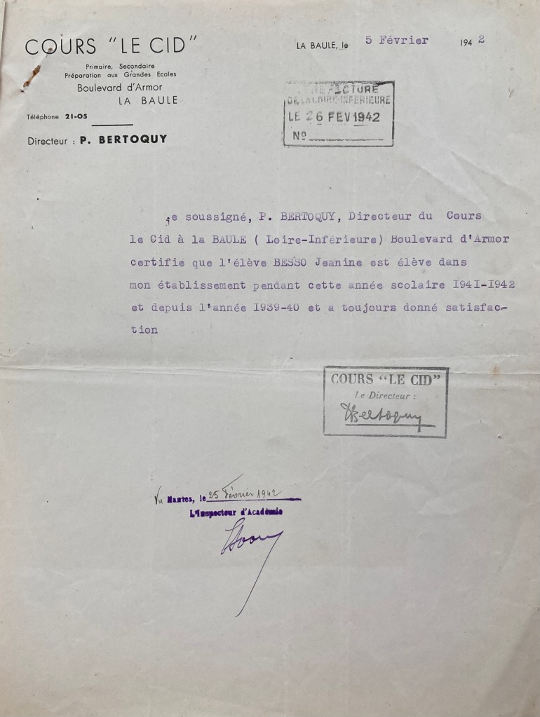 Certificat de scolarité de Jeanine BESSO [ADLA 2101W578]