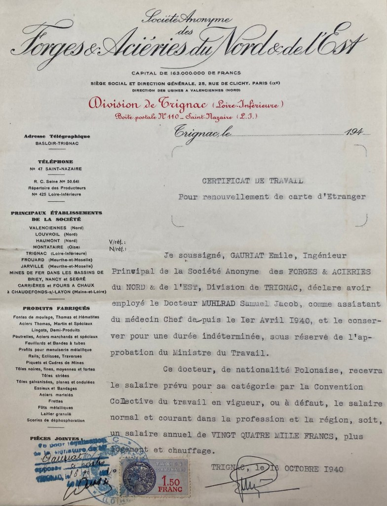 Certificat de travail de Samuel MUHLRAD [ADLA 2101W673]