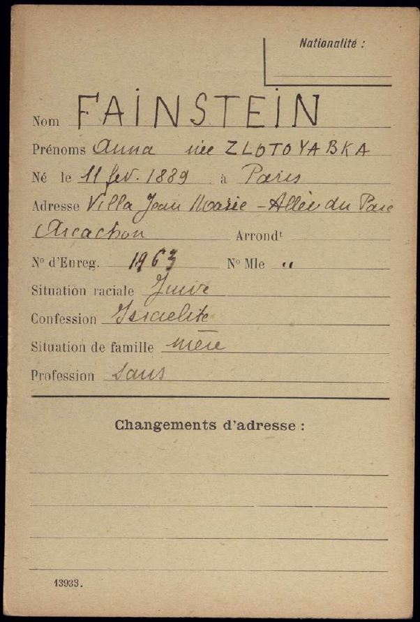 Fiches Etrangers Archives Départementales Gironde [44W64]