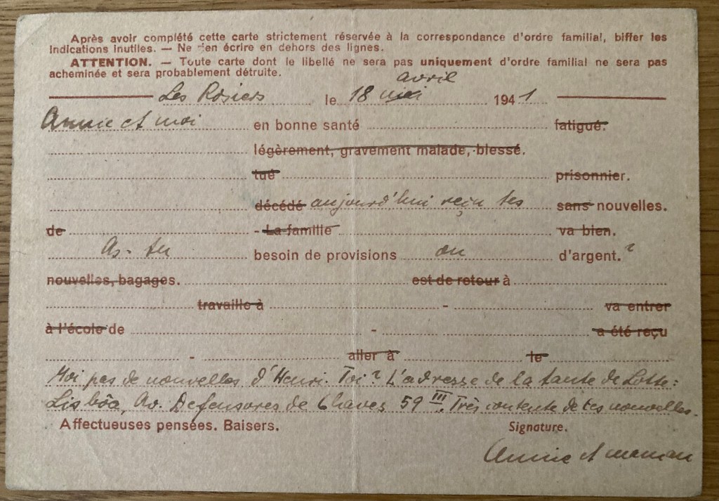 Carte-lettre du 18 Avril 1941 de Ruth à Hans SCHAUL, 18 avril 1941 [collection particulière Dirk KRÜGER]