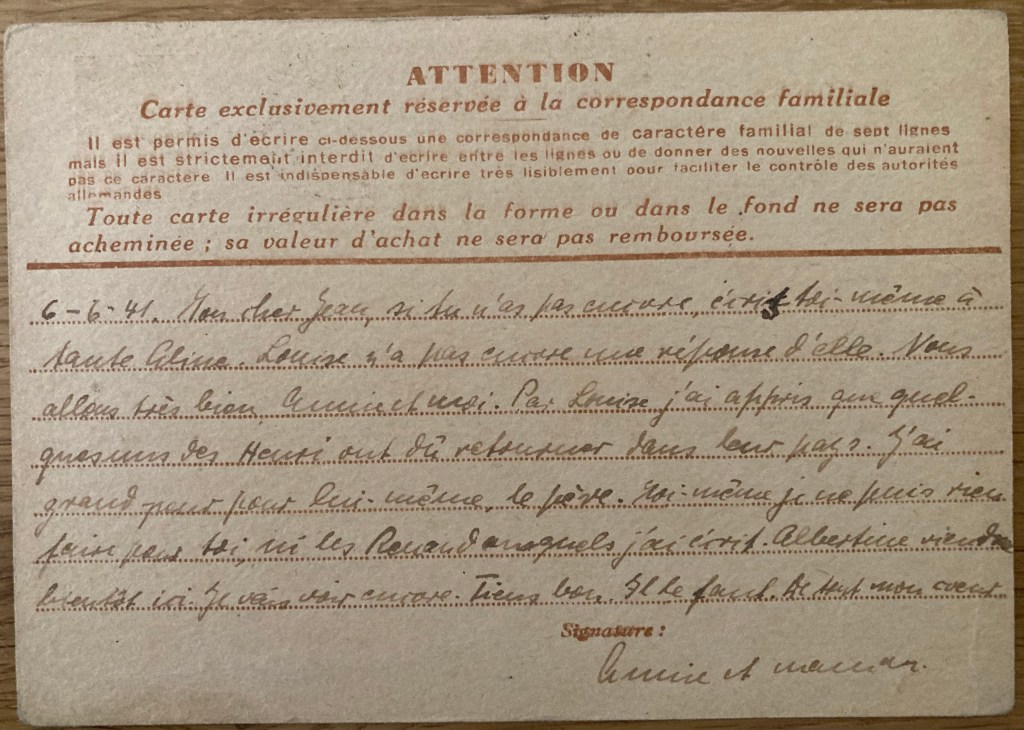 Carte du 06 juin 1941 de Ruth à Hans SCHAUL [Collection particulière Dirk KRÜGER]