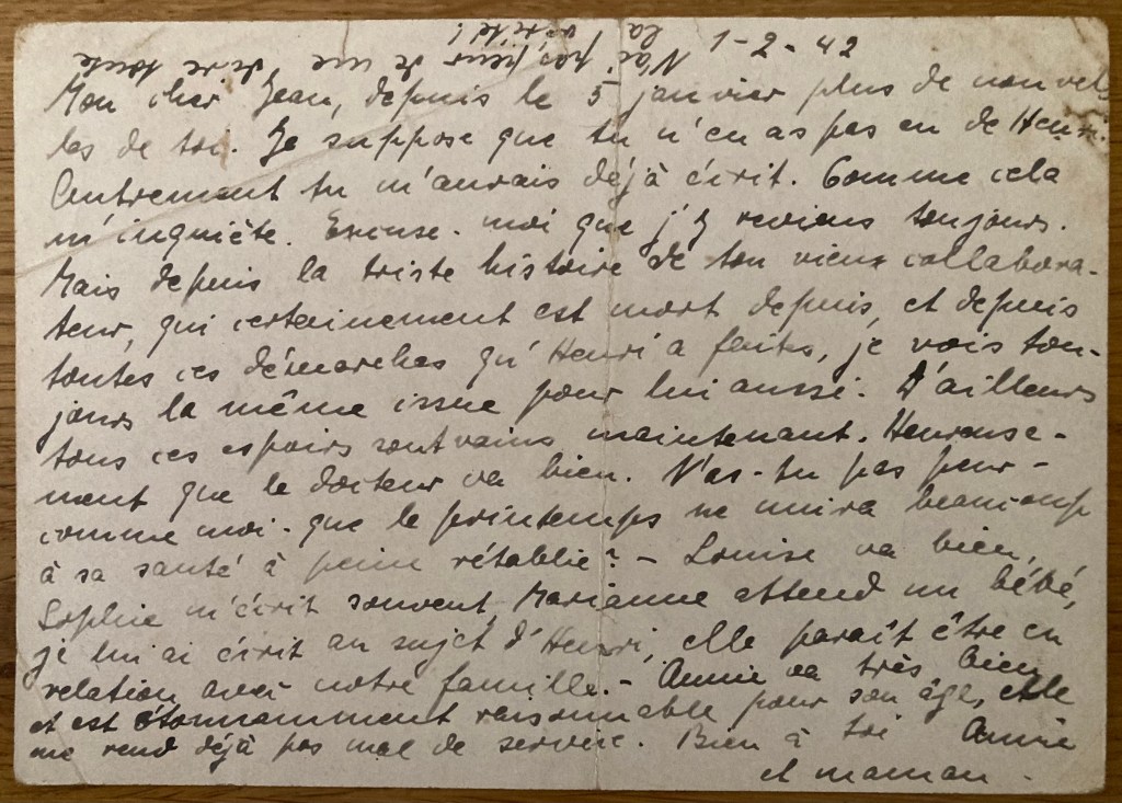 Carte du 01 Février 1942 de Ruth à Hans SCHAUL [Collection particulière Dirk KRÜGER]