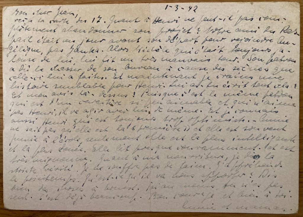 Carte du O1 mars 1942 de Ruth à Hans SCHAUL [Collection particulière Dirk KRÜGER]