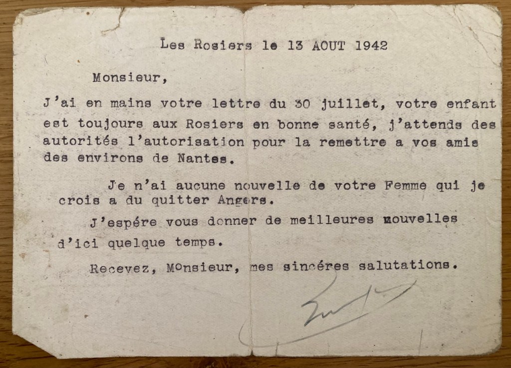 Carte du 13 août 1942 de Monsieur  BOUGIEAU, maire des Rosiers-sur-Loire à  Hans SCHAUL à Heinrich RAÜ [Dirk KRÜGER, collection particulière]