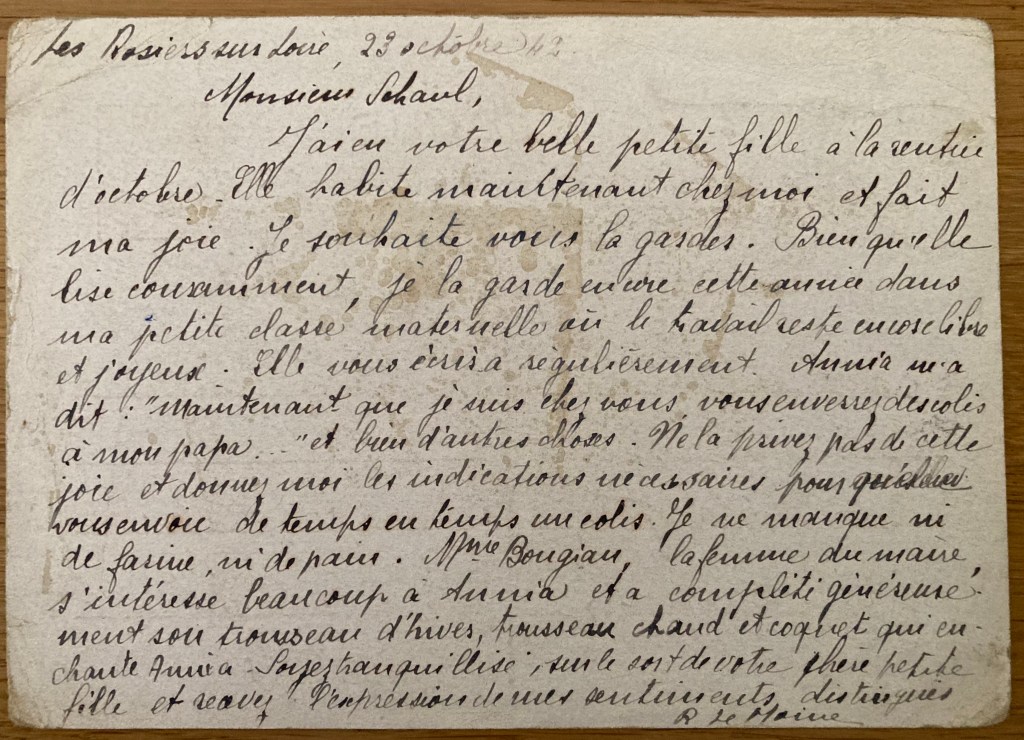 Carte du 23 octobre 1942 de Melle LEMOINE à Hans SCHAUL [Dirk KRÜGER, collection particulière]