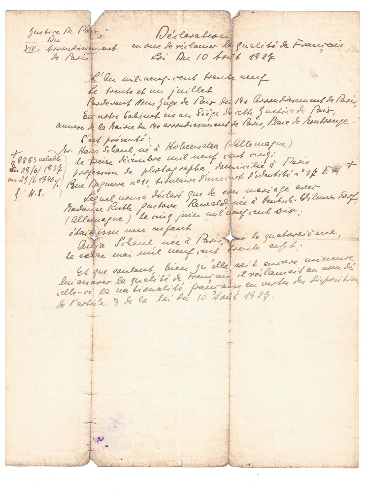 Déclaration de nationalité française d'Anja SCHAUL  [Dirk KRÜGER, collection particulière]